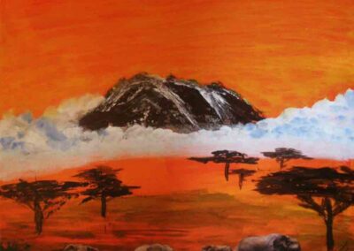 Afrikanische Savannenlandschaft mit Elefanten, gemalt von Carola Scheider